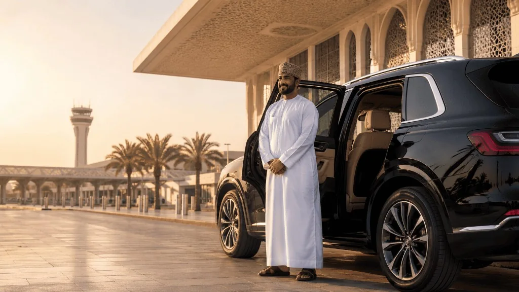 Private Oman taxi driver welcoming passengers at Muscat Airport